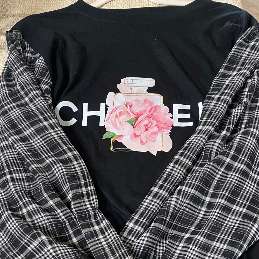 BNWT- Inspired Up-cycled- Black Long Sleeve w/Plaid Bell Sleeves- Sz S - Picture 6 of 8